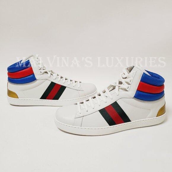 GUCCI SNEAKERS MENS ACE HIGH TOP WHITE LEATHER WEB STRIPE SHOES sz 10G 10.5 - Picture 8 of 12